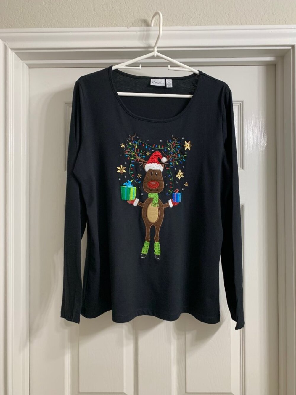 Kim Rogers Brand Women's Black Shirt with Reindeer Design, Size XL